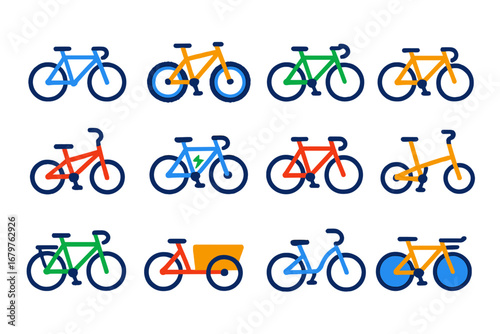 Vibrant Bicycle Icons. Flat vector icons of different types of bicycles: road bike, mountain bike, hybrid bike, gravel bike, BMX,