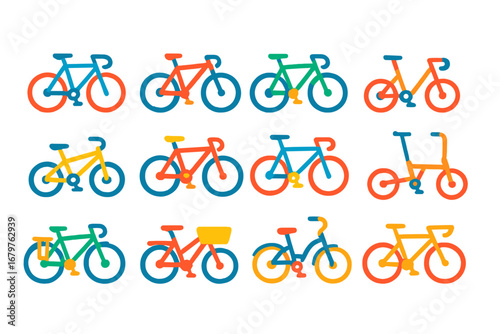 Vibrant Bicycle Icons. Flat vector icons of different types of bicycles: road bike, mountain bike, hybrid bike, gravel bike, BMX,