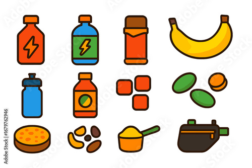Cycling Nutrition Icons. Flat vector icons of cycling nutrition: energy gel, electrolyte drink, protein bar, banana, water bottle,