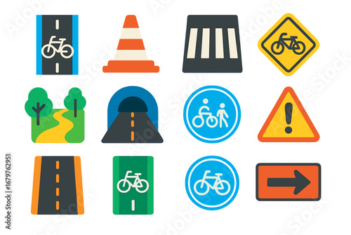 Cycling Environment Icons. Flat vector icons of cycling environment: bike lane, traffic cone, crosswalk, bike crossing sign, park