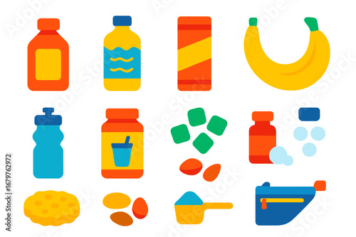 Cycling Nutrition Icons. Flat vector icons of cycling nutrition: energy gel, electrolyte drink, protein bar, banana, water bottle,
