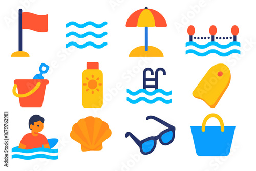 Bright Beach Icons. Flat vector icons of beach swimming: lifeguard flag, waves icon, beach umbrella, swim area buoys, sand toys,