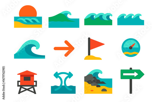 Surfing Environment Icons. Flat vector icons of surfing environment: beach break, reef break, point break, wave set, wave crest,