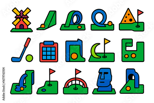 Mini Golf Icons. Flat vector icons of mini golf: windmill hole, ramp shot, loop-de-loop, themed obstacle, mini putter, neon ball,