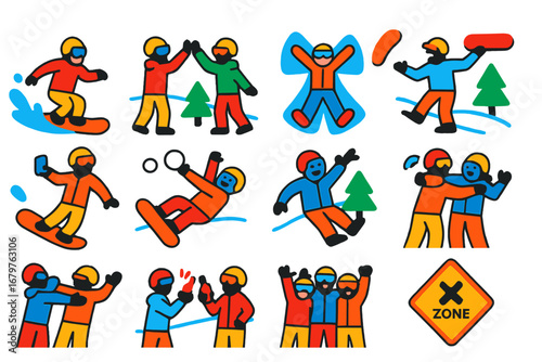 Snowboarding Fun Icons. Flat vector icons of snowboarding for fun: powder splash, high five on slope, snow angel, board toss,