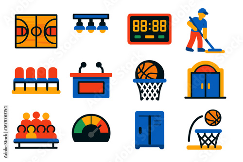 Basketball Court Icons. Flat vector icons of indoor basketball: hardwood court, gym lighting, official scoreboard, court cleaner,