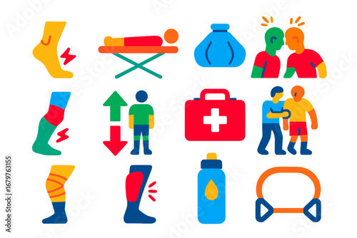 Soccer Injury Icons. Flat vector icons of soccer injuries and health: twisted ankle, stretcher icon, ice pack, head clash, muscle