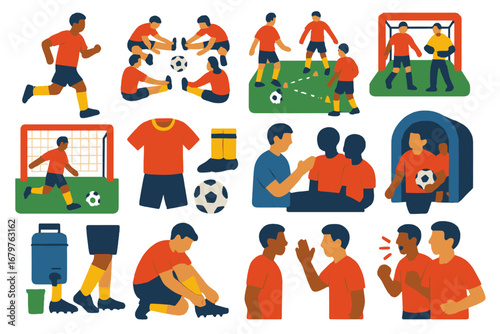 Soccer Training Icons. Flat vector icons of soccer match preparation: warm-up jog, stretch circle, passing drill, shooting
