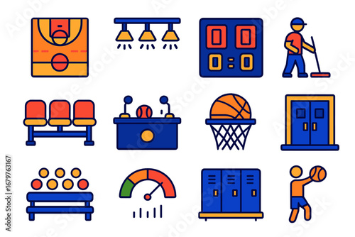 Basketball Court Icons. Flat vector icons of indoor basketball: hardwood court, gym lighting, official scoreboard, court cleaner,
