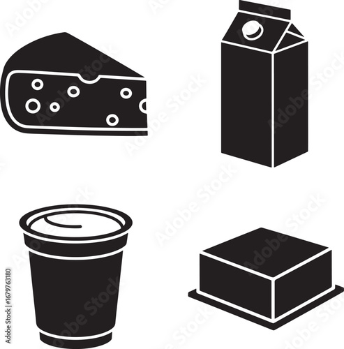 Black and white dairy product set illustration featuring cheese milk yogurt and butter