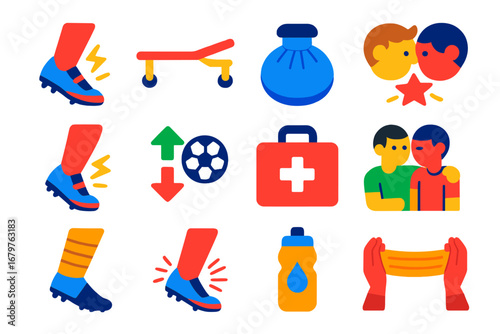 Soccer Injury Icons. Flat vector icons of soccer injuries and health: twisted ankle, stretcher icon, ice pack, head clash, muscle