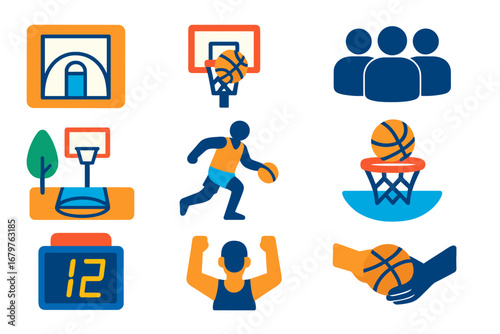 3x3 Basketball Icons. Flat vector icons of 3x3 basketball: 3x3 half court, single hoop icon, team of three, outdoor court icon,