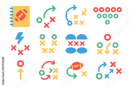 Football Play Icons. Flat vector icons of football plays and strategies: playbook icon, running play, passing route, shotgun
