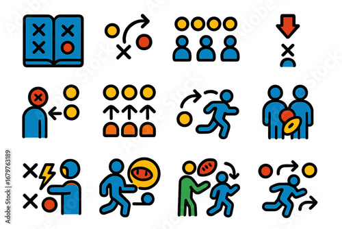 Football Play Icons. Flat vector icons of football plays and strategies: playbook icon, running play, passing route, shotgun