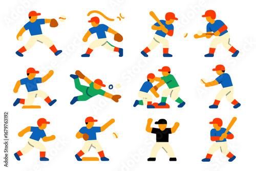 Baseball Action Icons. Flat vector icons of baseball actions: fast pitch, curveball, home run swing, bunt, sliding into base,
