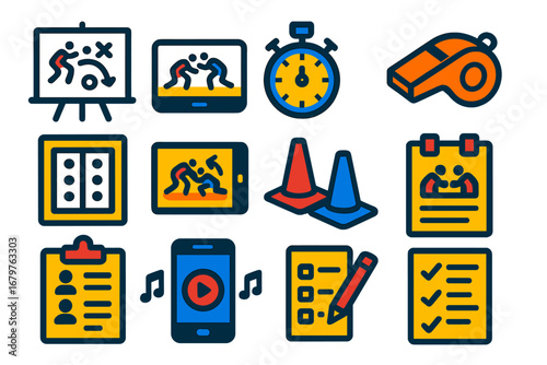 Wrestling Coaching Icons. Flat vector icons of wrestling coaching tools: whiteboard diagram, video analysis, stopwatch, coaching