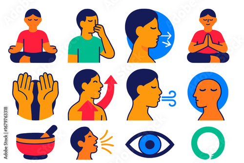 Yoga Breathing Icons. Flat vector icons of yoga breathing and meditation: seated breath, alternate nostril breathing, breath focus