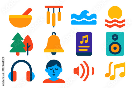 Yoga Music Icons. Flat vector icons of yoga music and ambiance: singing bowl, soft chimes, ambient wave, ocean sound, forest tone,