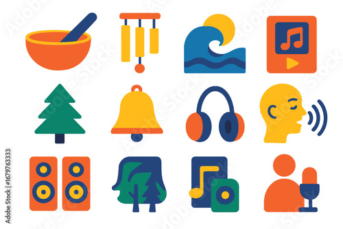 Yoga Music Icons. Flat vector icons of yoga music and ambiance: singing bowl, soft chimes, ambient wave, ocean sound, forest tone,