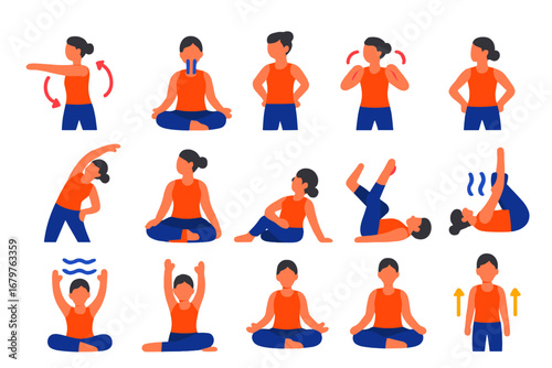 Pilates Routine Icons. Flat vector icons of pilates warm-up and cooldown: arm swings, breath focus, shoulder rolls, hip opener,