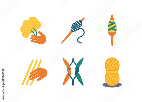 vector colorful flat filled icons spindle spinning (process): drafting fibers twisting thread winding yarn smoothing strands joining fibers storing skein.