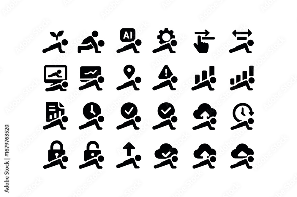 Naklejka premium vector solid black filled icons Pushups (Advanced) pushups smart pushups ai pushups auto pushups manual pushups synced pushups unsynced pushups monitor pushups track pushups alert pushups.