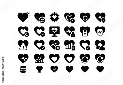 vector solid black filled icons Cardio (Advanced) cardio smart cardio ai cardio auto cardio manual cardio synced cardio unsynced cardio monitor cardio track cardio alert cardio notify.