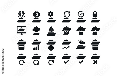 vector solid black filled icons Ferry (Advanced) ferry smart ferry ai ferry auto ferry manual ferry synced ferry unsynced ferry monitor ferry track ferry alert ferry notify ferry secure.