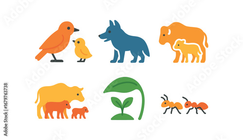 vector colorful flat filled icons mentorship stage (nature): bird teaching chick wolf guiding cub parent and calf leading herd plant sheltering sprout ants working.