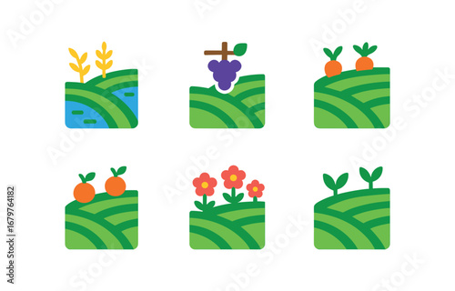 vector colorful flat filled icons terraced slope (agriculture): rice paddies vineyard vegetable gardens orchard rows flower beds tea plantation.