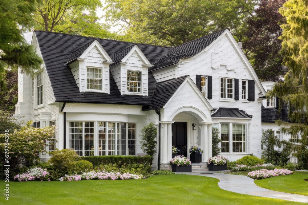 Obraz premium Beautiful white house with large windows and landscaped garden situated in a peaceful neighborhood surrounded by lush greenery during daytime