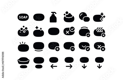 vector solid black filled icons Soap (Basic) soap icon soap bar soap liquid soap foam soap bubble soap clean soap dirty soap new soap old soap valid soap invalid soap active soap inactive.