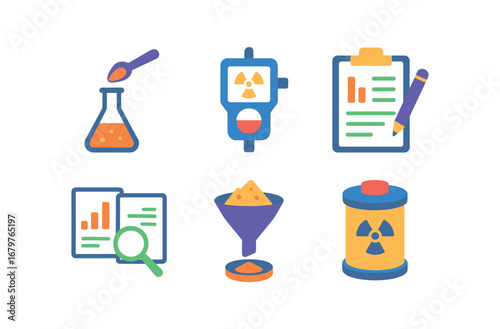 vector colorful flat filled icons isotope analyst (process): sample preparation measurement recording results comparing data filtering material sealing samples.