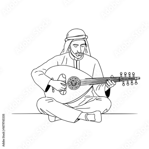 Middle Eastern man playing oud while sitting on the floor indoors  - Vector PNG 