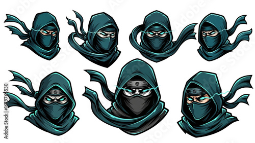 Teal Hooded Ninja Logo Set – Stealth Esports Mascot with Cyan Eyes, Mask, and Flowing Scarf