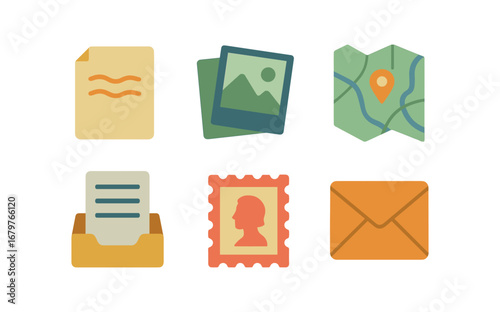 vector colorful flat filled icons accordion file (archival): old letters photos maps typed reports stamps envelopes.
