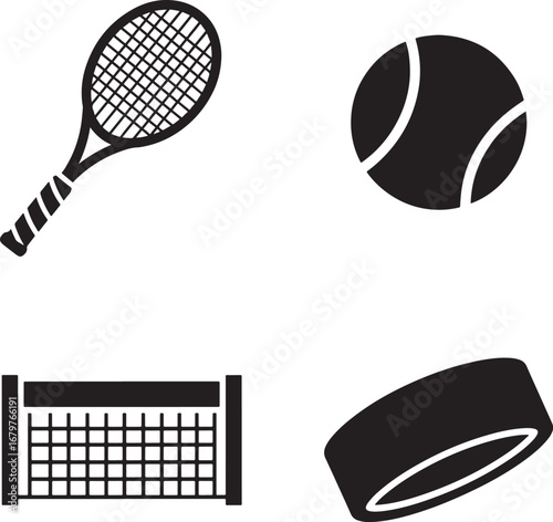 Black and white sport equipment icons featuring tennis and hockey elements on white background