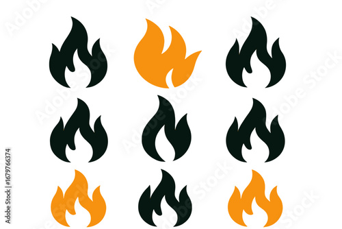 Get this sleek flame icon collection with striking black and orange designs, ideal for websites, mobile apps, logos, and infographics with a clean, modern look