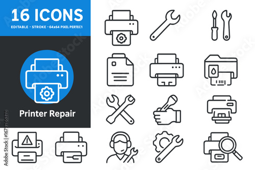 High‑quality printer repair icons, ideal for minimalist designs in websites, mobile apps, books, and social media, perfect for your next projects