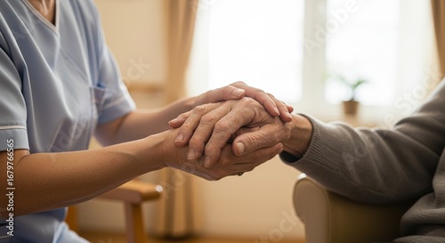 Empathy in a Gentle Touch - Caregivers Hands Reassuring an Elderly Person.