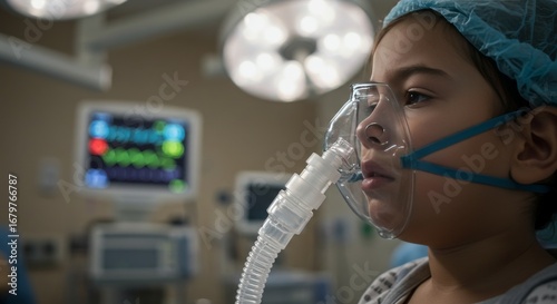 Vulnerable Child Patient in Profile with Anesthesia Mask Before Surgery in a Modern Hospital.