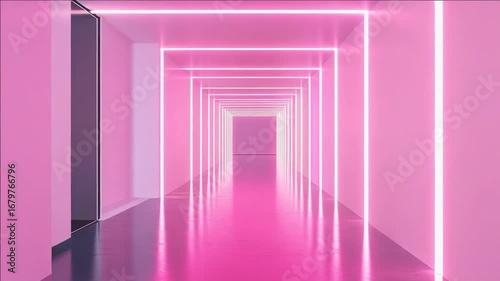 A long, narrow walkway in a modern building lit by vibrant pink neon lights. The unique design and colorful environment create an interesting visual.
