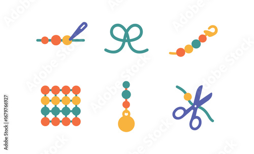 vector colorful flat filled icons beadwork (process): threading beads knotting strand adding clasp weaving pattern attaching pendant trimming ends.