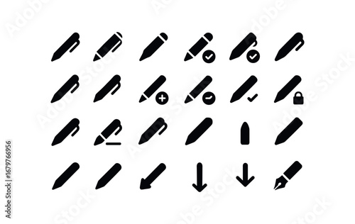vector solid black filled icons Pen (Basic) pen icon pen new pen old pen valid pen invalid pen active pen inactive pen add pen remove pen confirm pen cancel pen locked pen unlocked pen open.