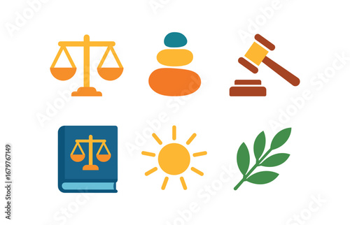 vector colorful flat filled icons balance of justice (symbols): scales balanced rock gavel law book sunbeam olive branch.