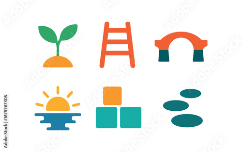vector colorful flat filled icons preteen years (symbolic): growing plant climbing ladder bridge sunrise building blocks stepping stones.