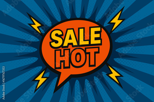SALE HOT eye catching high contrast flat vector speech bubble with the text 'SALE HOT' inside bold orange letters surrounded by lightning bolts placed on strong blue burst background with.