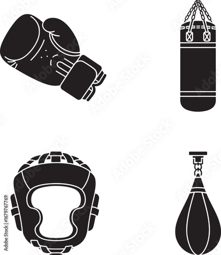 Boxing Equipment Vector Set Boxing Gloves Headgear Punching Bags and Speed Bag Illustration