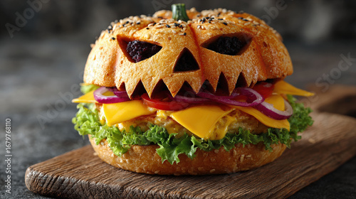 Halloween party burger in shape of scary pumpkin on natural wooden board