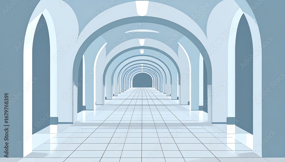 Obraz premium A perspective view of a long, arched hallway with light blue walls and a tiled floor, showcasing a sense of depth and spaciousness.